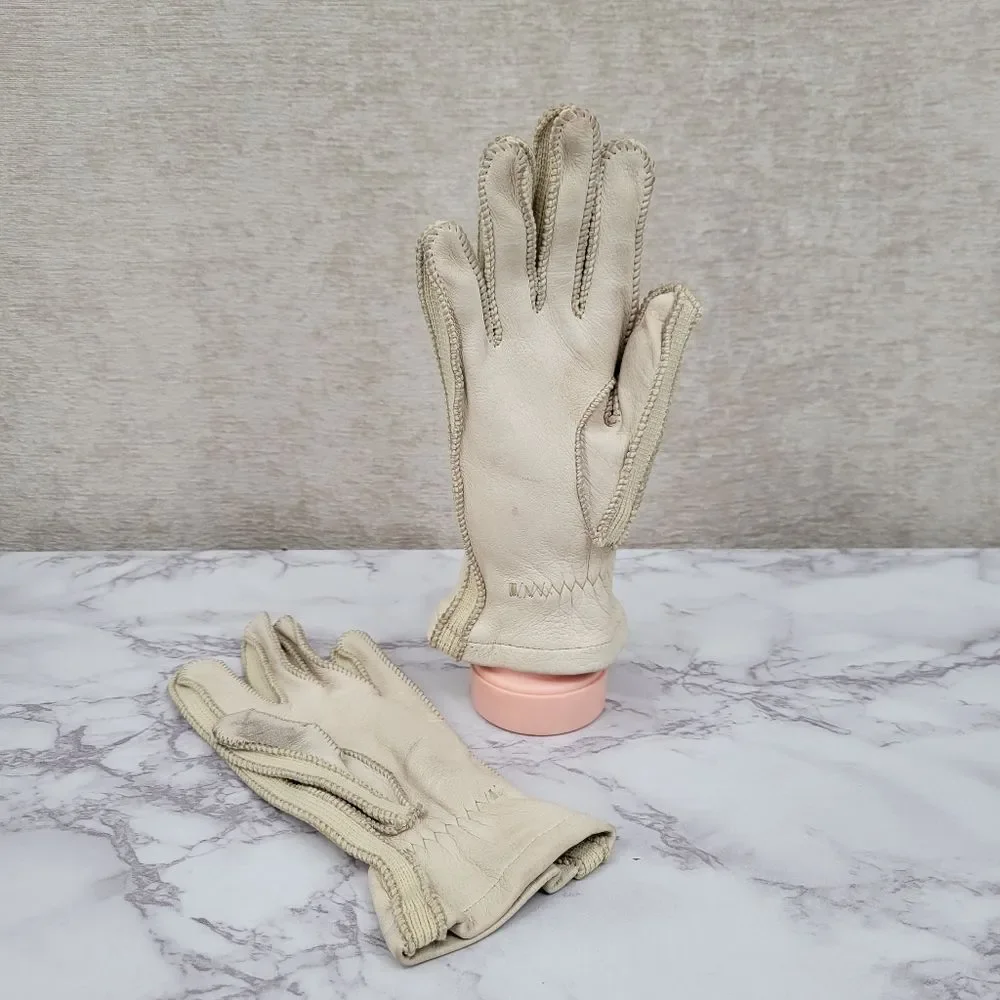 Vintage Deerskin Leather Bone Colored Leather Driving Gloves